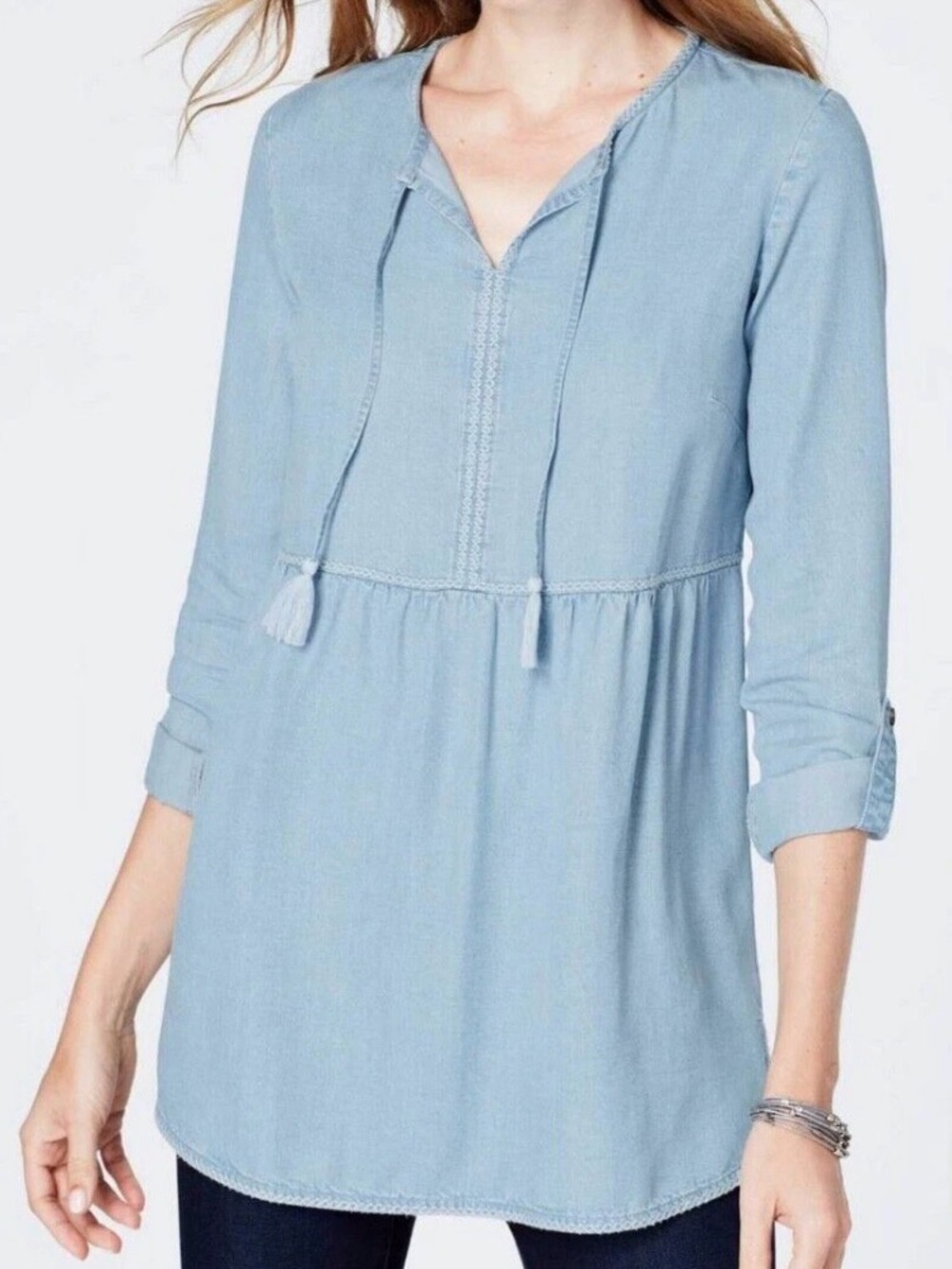 J.Jill DENIM Chambray Embroidered Tunic Top
Boho Peasant L‎ Petite 
Oversized